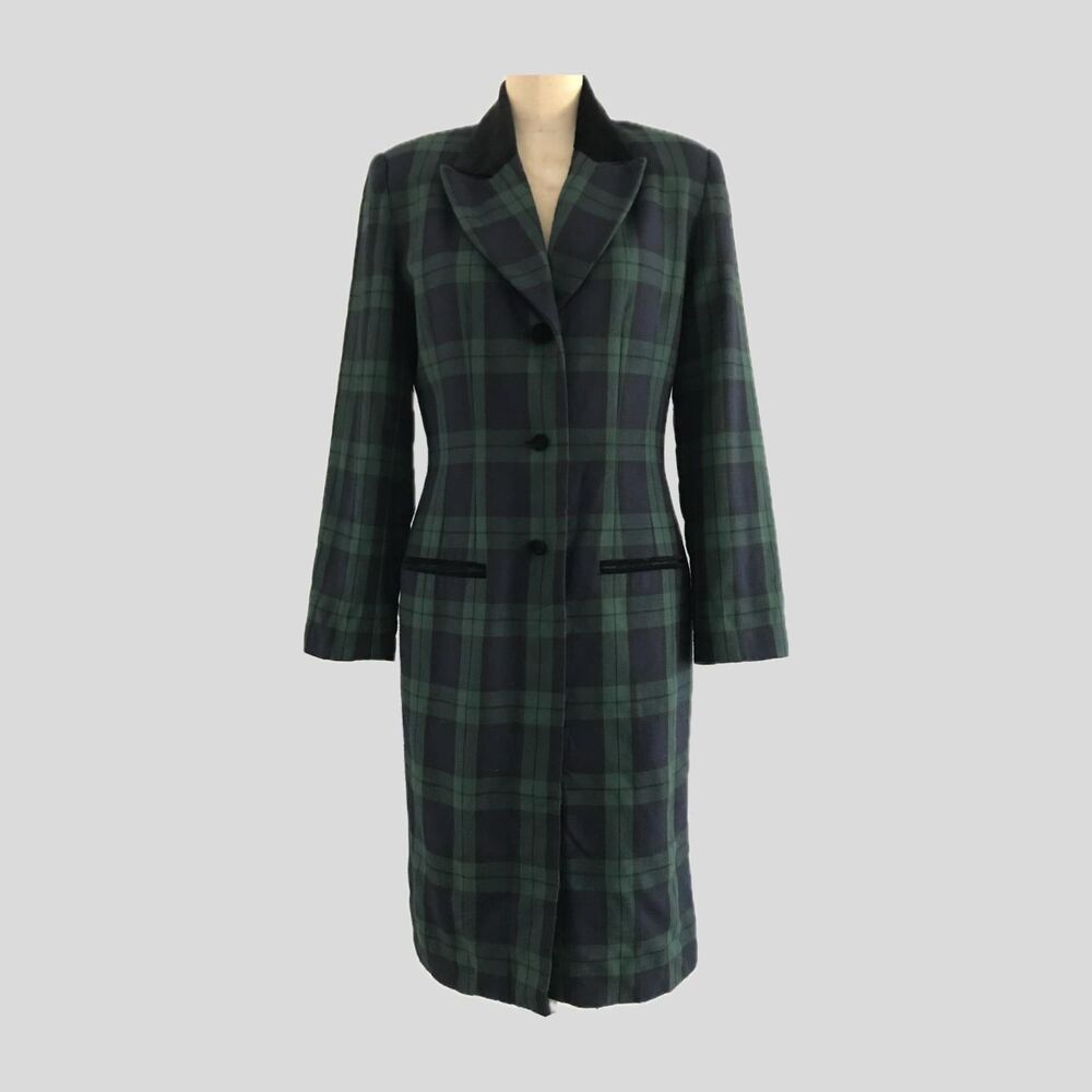 Vintage 1980s Green Blue Plaid Preppy Academia Knee Length Pencil Dress 4